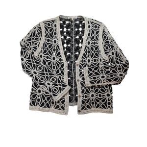 Bohemian Crochet Cardigan Black Cream Floral Lace Button Front Sweater Boho